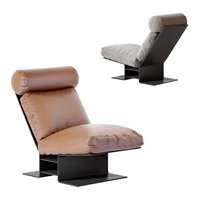 Modern Lounge Chair Featuring Brown Upholstery And Light Gray Cushions With Black Metal Frame 3d model