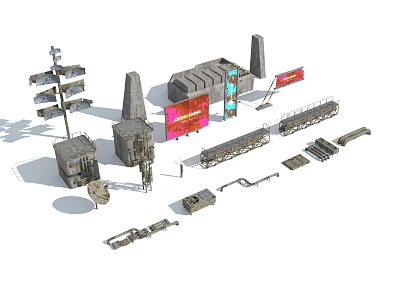 Modern Urban Outdoor Public Furniture With Signage Billboards Railings And Small Structures 3d model