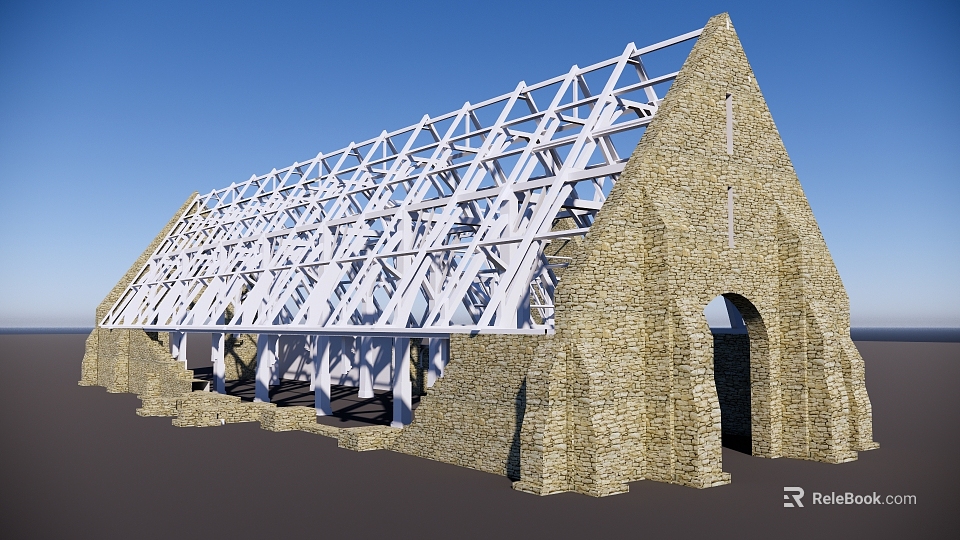 Church Like Building Structure With Stone Walls Arched Entrance And Metal Frame Roof 3d model 