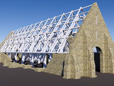 Church Like Building Structure With Stone Walls Arched Entrance And Metal Frame Roof 3d model