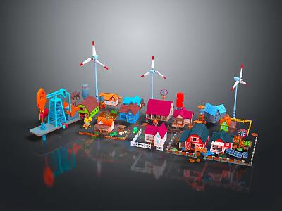 Colorful Cartoon Scene With Playful Houses Wind Turbines Oil Rig And Small Structures 3d model