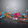 Colorful Cartoon Scene With Playful Houses Wind Turbines Oil Rig And Small Structures