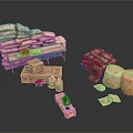 Household Supplies Display With Stacked Sacks Wooden Shelves Crates Woven Baskets And Barrels
