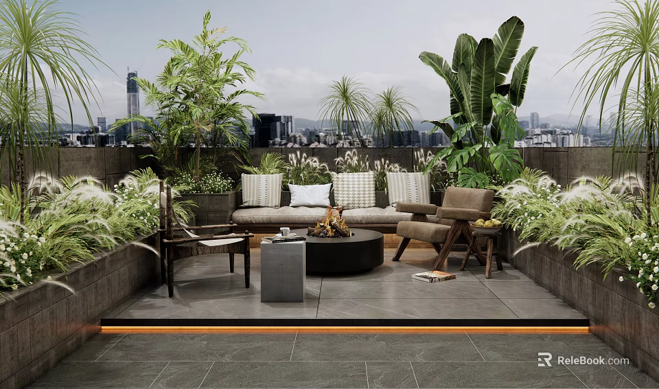Roof Garden With Lush Green Plants Outdoor Seating And City Skyline 3d model 