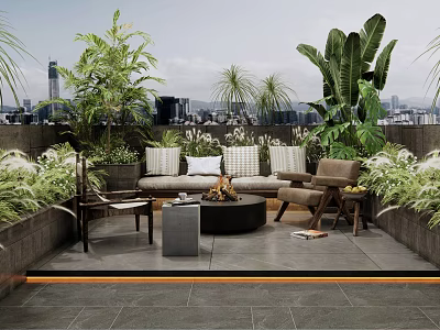 Roof Garden With Lush Green Plants Outdoor Seating And City Skyline 3d model