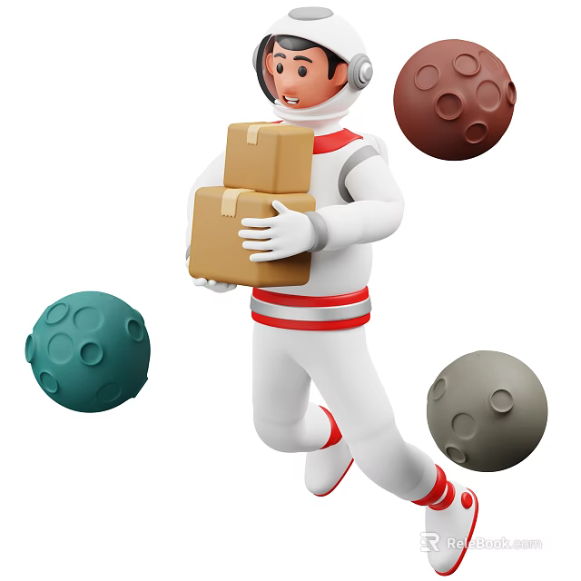 Man wearing astronaut suit carrying stacked cardboard boxes while running with colorful planets around 3d model 