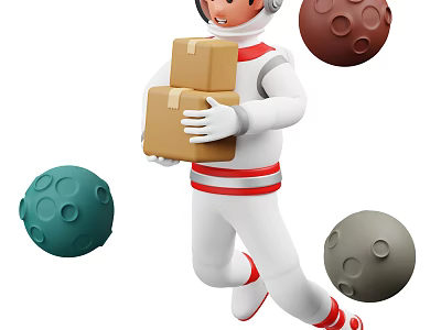 Man wearing astronaut suit carrying stacked cardboard boxes while running with colorful planets around 3d model