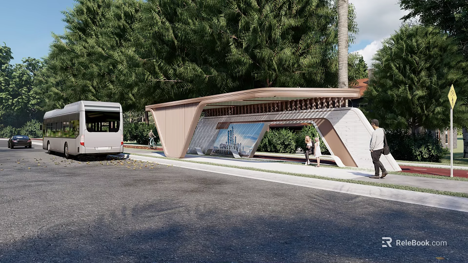 Modern Bus Shelter With White Bus Trees And People Waiting Nearby 3d model 
