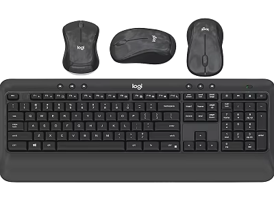Logitech Black Computer Keyboard And Three Wireless Mice For Office Use 3d model