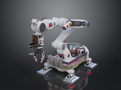 White Robotic Arm Game Movie Character With Industrial Metal Structure And Red Details 3d model