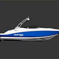 Blue and White Motorboat with Open Cockpit Design Comfortable Seats and Windshield
