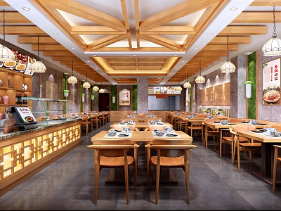 Traditional Wooden Restaurant Interior With Tables Chairs Pendant Lights And Display Counter 3d model