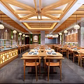 Traditional Wooden Restaurant Interior With Tables Chairs Pendant Lights And Display Counter