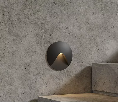 Modern Black Circular Wall Light Installed On Concrete Wall With Warm Glow 3d model