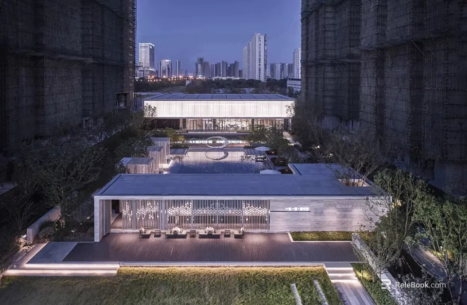 Modern Sales Office Building Architectural Design With Glass Facade Urban Landscaping And Water Features 3d model 