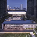 Modern Sales Office Building Architectural Design With Glass Facade Urban Landscaping And Water Features