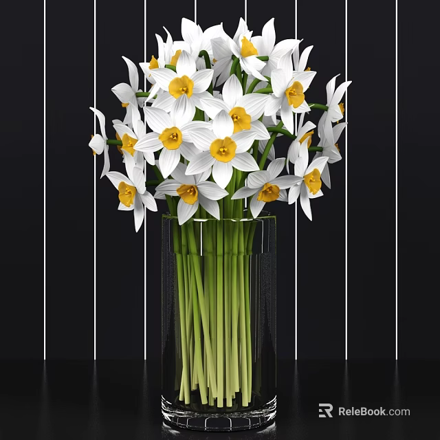 Fresh White Flowers With Yellow Centers In Clear Glass Vase 3d model 