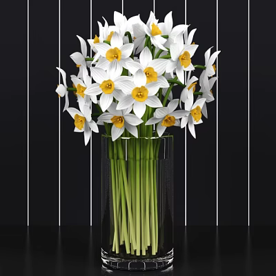 Fresh White Flowers With Yellow Centers In Clear Glass Vase 3d model