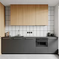 Modern Kitchen Interior With Wooden And Grey Cabinets White Tile Backsplash Sink And Oven
