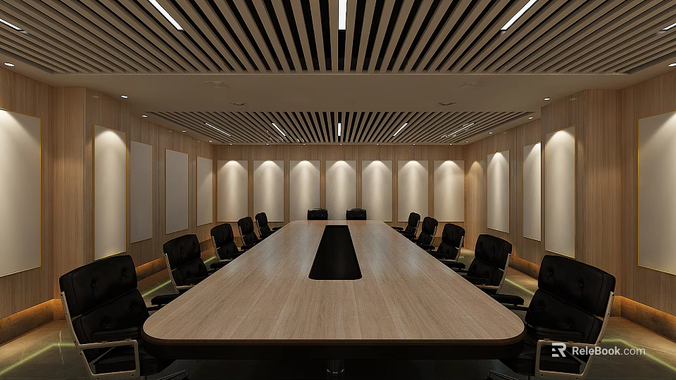 Modern Conference Room Interior with Long Table Black Chairs Wooden Walls and Linear Lights 3d model 