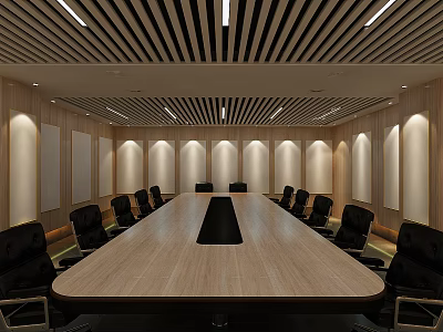 Modern Conference Room Interior with Long Table Black Chairs Wooden Walls and Linear Lights 3d model