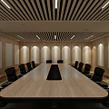 Modern Conference Room Interior with Long Table Black Chairs Wooden Walls and Linear Lights