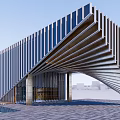 Modern Sales Office Building With Geometric Glass Facade And Landscaped Steps