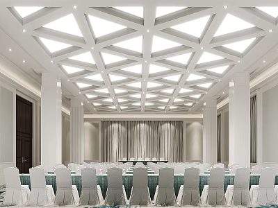 Elegant Conference Room Interior With Geometric Ceiling White Columns Long Tables And White Chairs 3d model