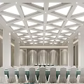 Elegant Conference Room Interior With Geometric Ceiling White Columns Long Tables And White Chairs