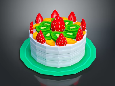 Fresh Fruit Decorated Cake with Strawberries Kiwis and Orange Slices on Green Plate 3d model