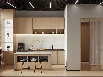 Modern Dining and Living Room Interior Design With Open Concept Island Counter And Cabinets 3d model