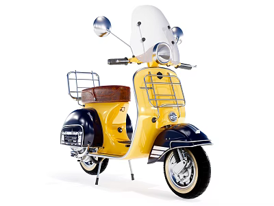 Vintage Yellow and Navy Blue Scooter With White Windshield Brown Leather Seat and Chrome Rack 3d model