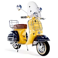 Vintage Yellow and Navy Blue Scooter With White Windshield Brown Leather Seat and Chrome Rack