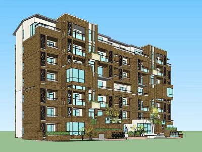Modern Apartment Building With Brown Facade Glass Windows Balconies And Green Landscaping 3d model