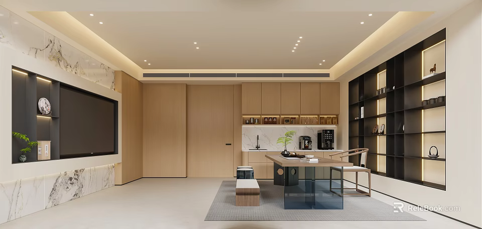 Modern Tea Room Interior Design With Wooden Furniture And Tea Sets 3d model 