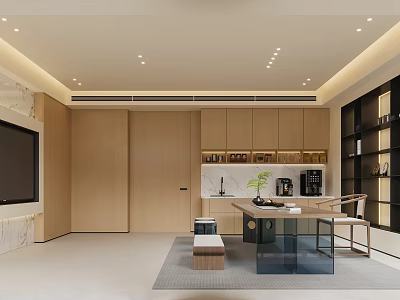 Modern Tea Room Interior Design With Wooden Furniture And Tea Sets 3d model
