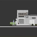 Cartoon Style Coffee Shop Building Scene With Green Plants Modern Design And Entrance Platform Base