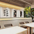 Modern Restaurant Interior With Wooden Walls Menu Posters Counter Dining Tables And Chairs