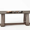 Modern Dining Table With Dark Surface Unique Striped Metal Legs And Decorative Items 3d model