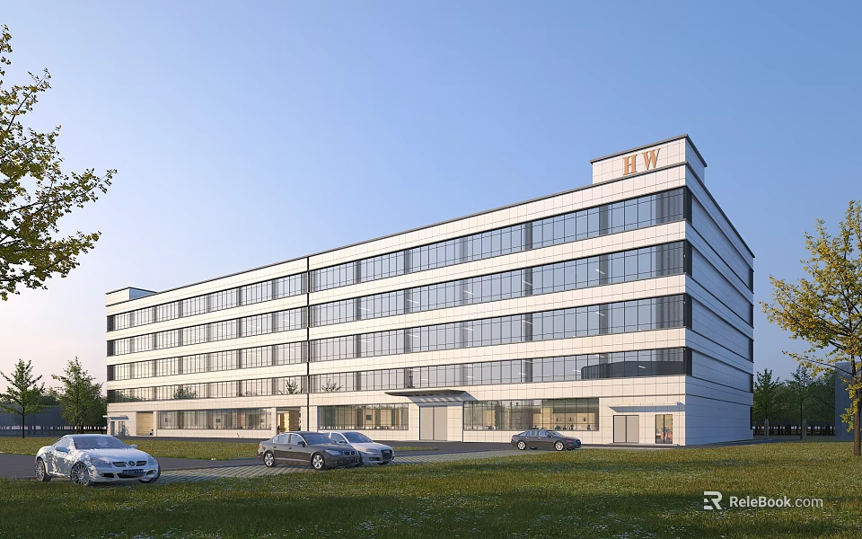 Modern Office Building Exterior With Glass Window Facade Parking Lot Front And Green Grassland 3d model 