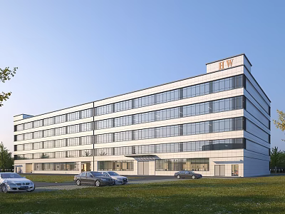 Modern Office Building Exterior With Glass Window Facade Parking Lot Front And Green Grassland 3d model