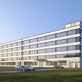 Modern Office Building Exterior With Glass Window Facade Parking Lot Front And Green Grassland