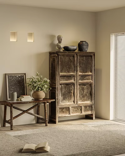 Vintage Wooden Entryway Cabinet And Side Cabinet With Sculpture Vase Potted Plant On Small Table 3d model