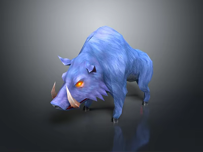 Blue Boar with Yellow Eyes and White Tusks Standing Against Black Background with Reflection 3d model
