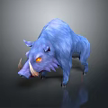 Blue Boar with Yellow Eyes and White Tusks Standing Against Black Background with Reflection