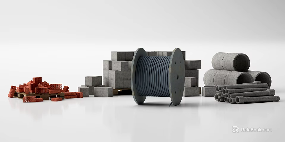 Building Construction Components With Stacked Concrete Blocks Steel Bars And Cable Reel 3d model 