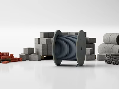 Building Construction Components With Stacked Concrete Blocks Steel Bars And Cable Reel 3d model