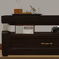Modern Dark Brown TV Stand With Drawers Shelves Audio Equipment And Camera In Living Room