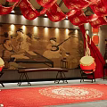 Traditional Chinese Interior With Red Draperies Lanterns Ancient Painting And Drums
