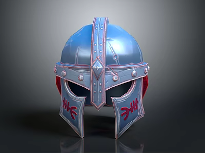Metallic Blue Warrior Helmet With Red Decorative Patterns And Ornate Design 3d model